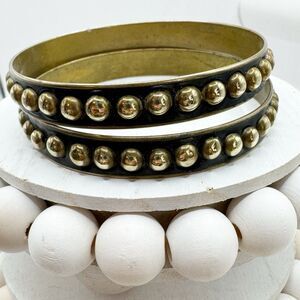 Vintage Brass Studded Bangle Bracelet Set Of 2 Bohemian Boho Patina Oxidized